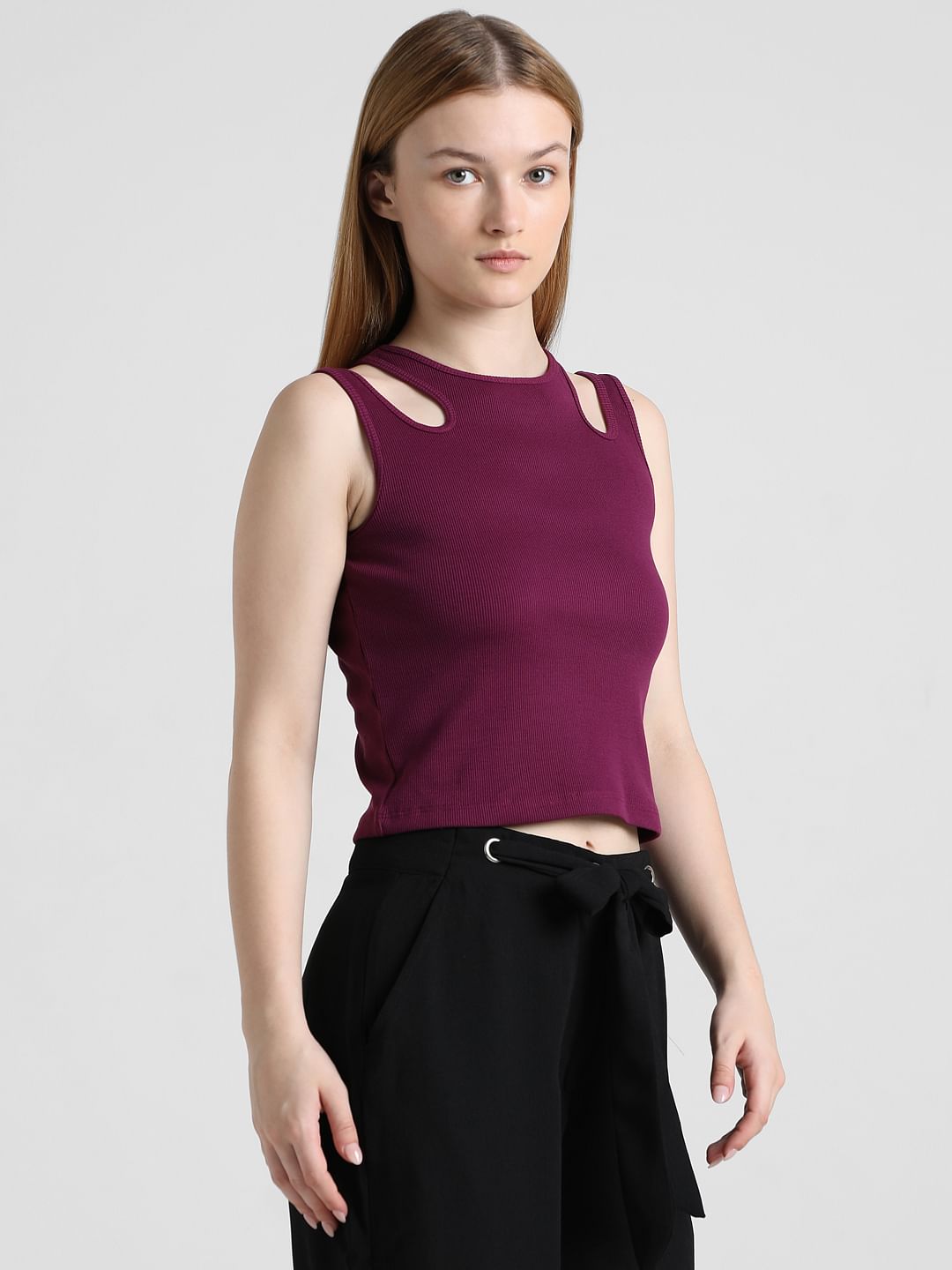 Purple Ribbed Cut-Out Top