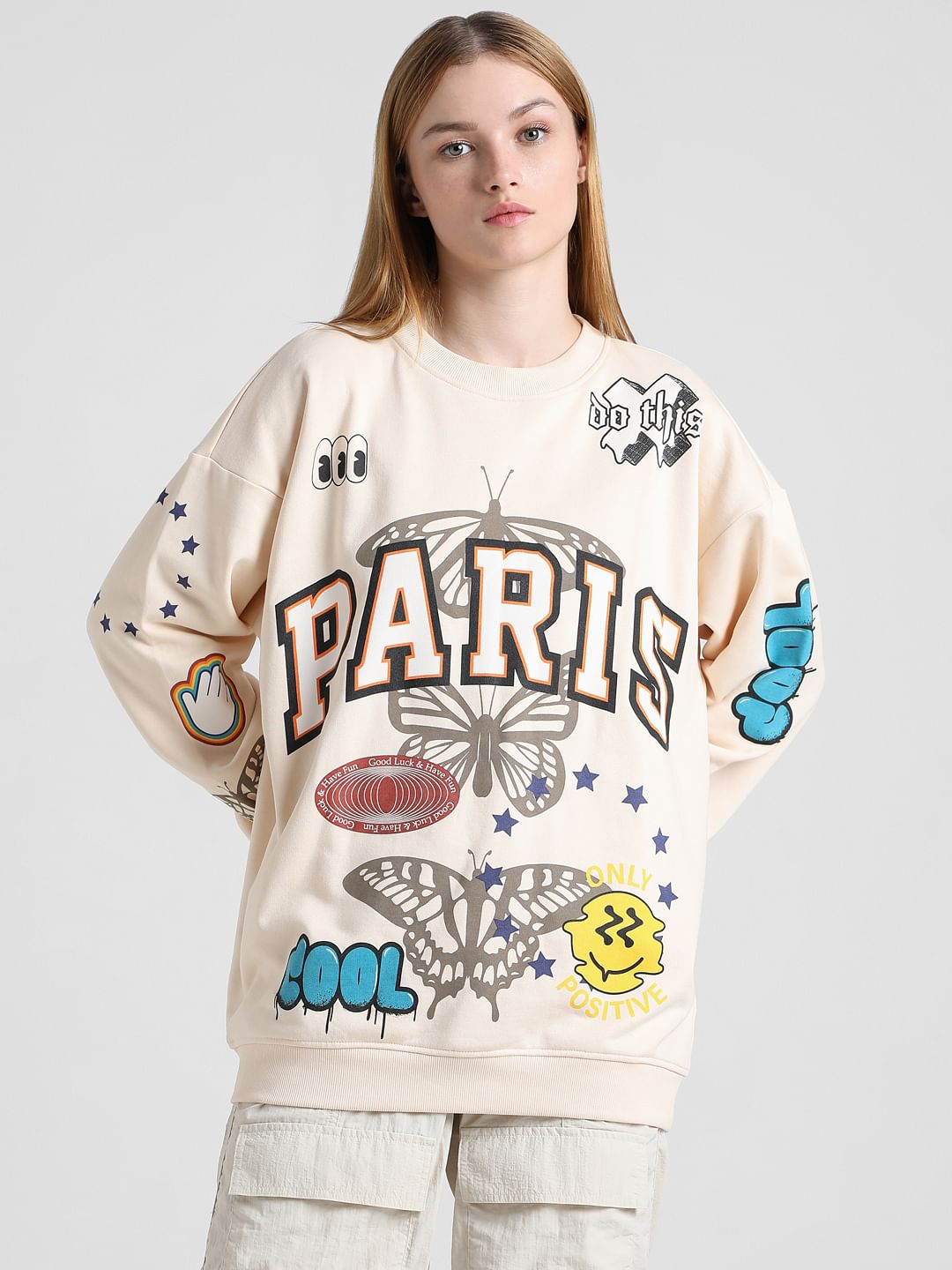 Cream Graphic Print Oversized Sweatshirt