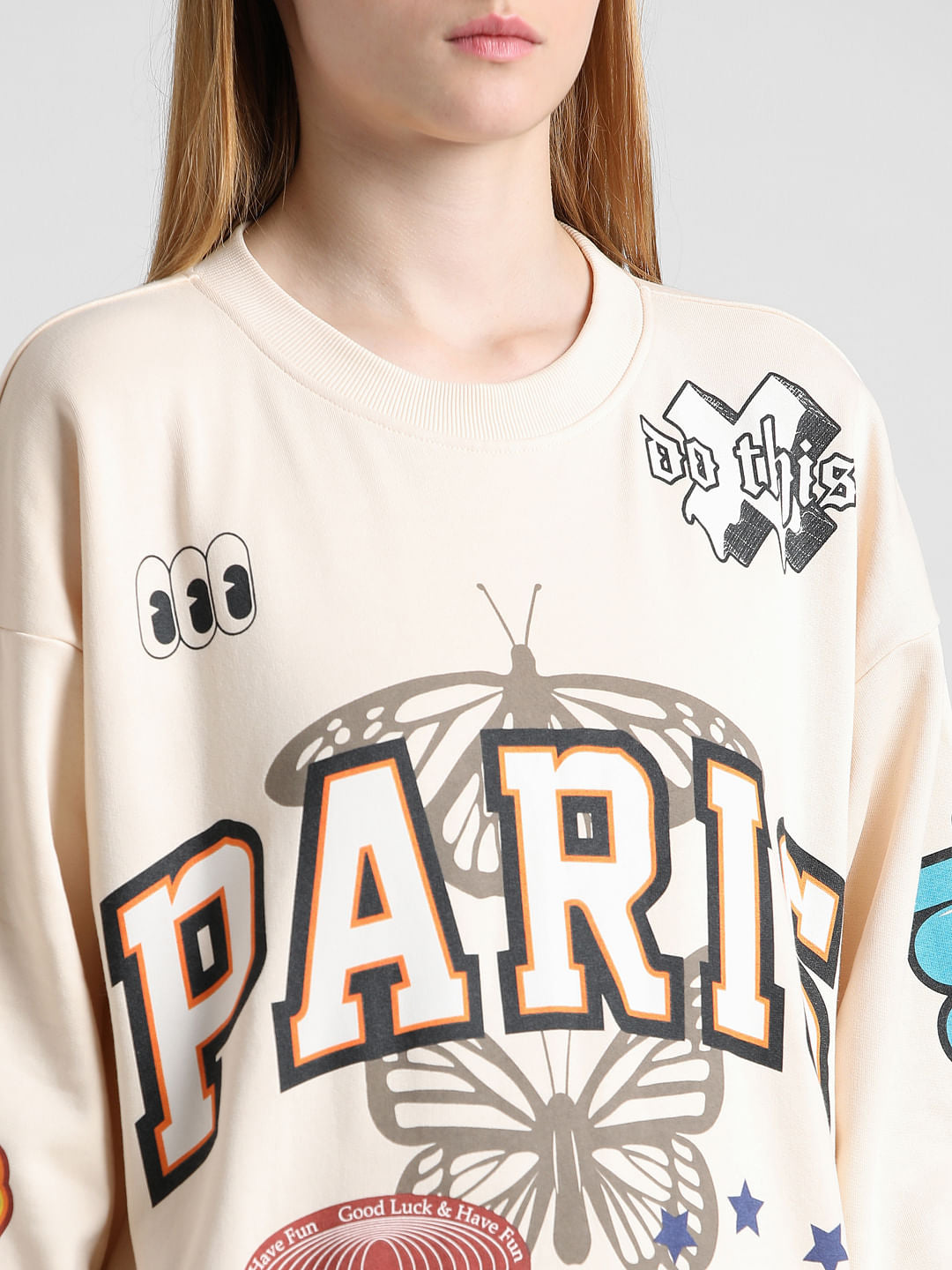 Cream Graphic Print Oversized Sweatshirt