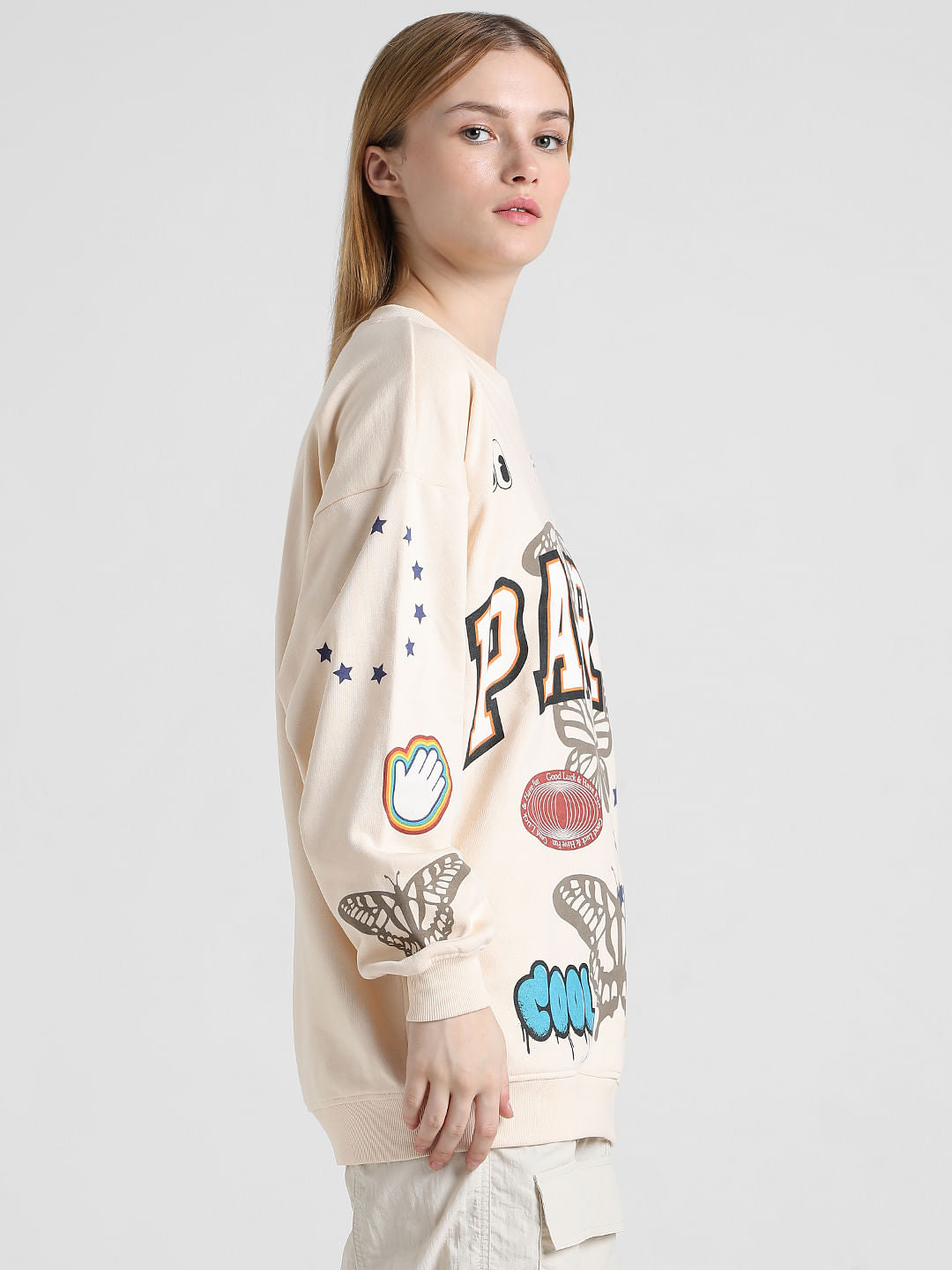 Cream Graphic Print Oversized Sweatshirt