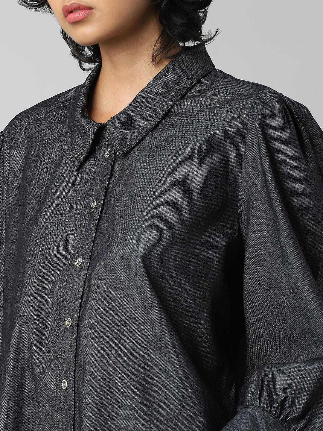 Blue Puff Sleeves Denim Shirt