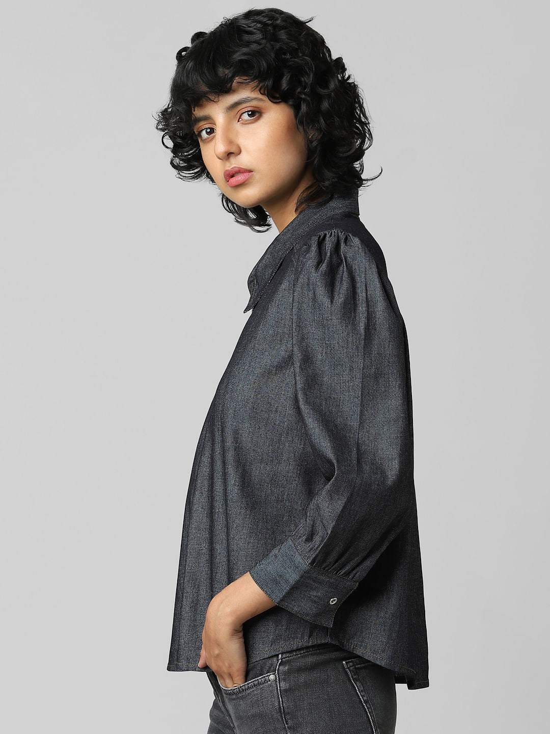 Blue Puff Sleeves Denim Shirt