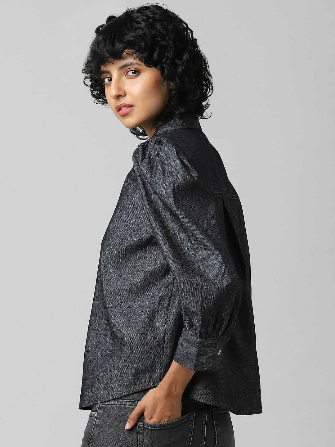 Blue Puff Sleeves Denim Shirt