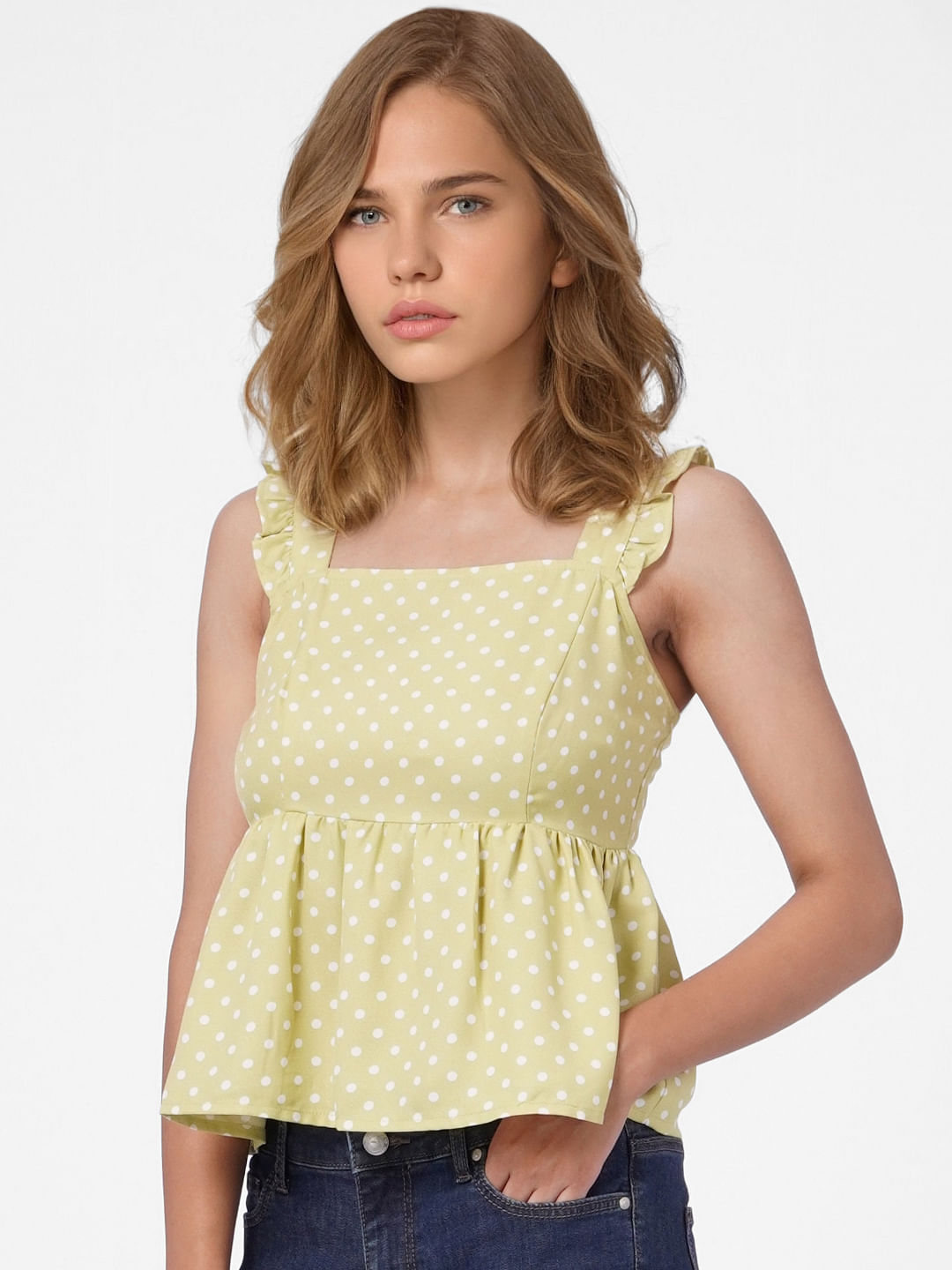 Green Polka Dotted Peplum Top