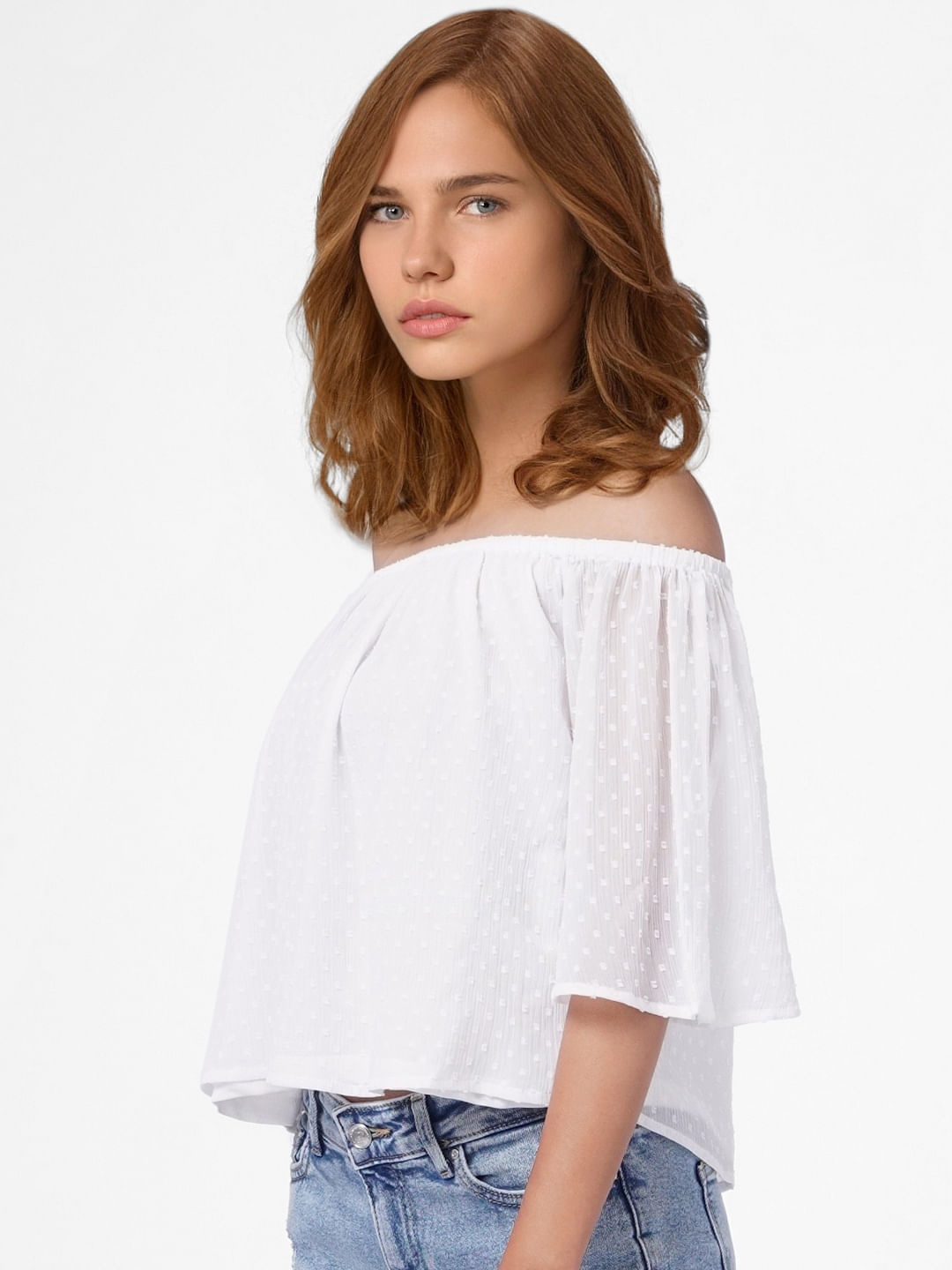 White Off Shoulder Dobby Top