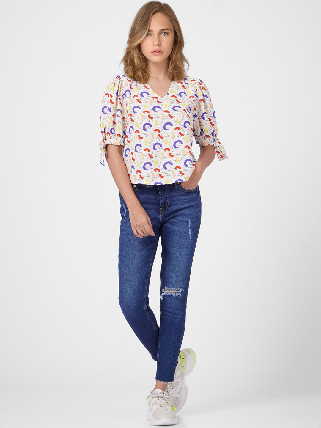 White Abstract Print Top