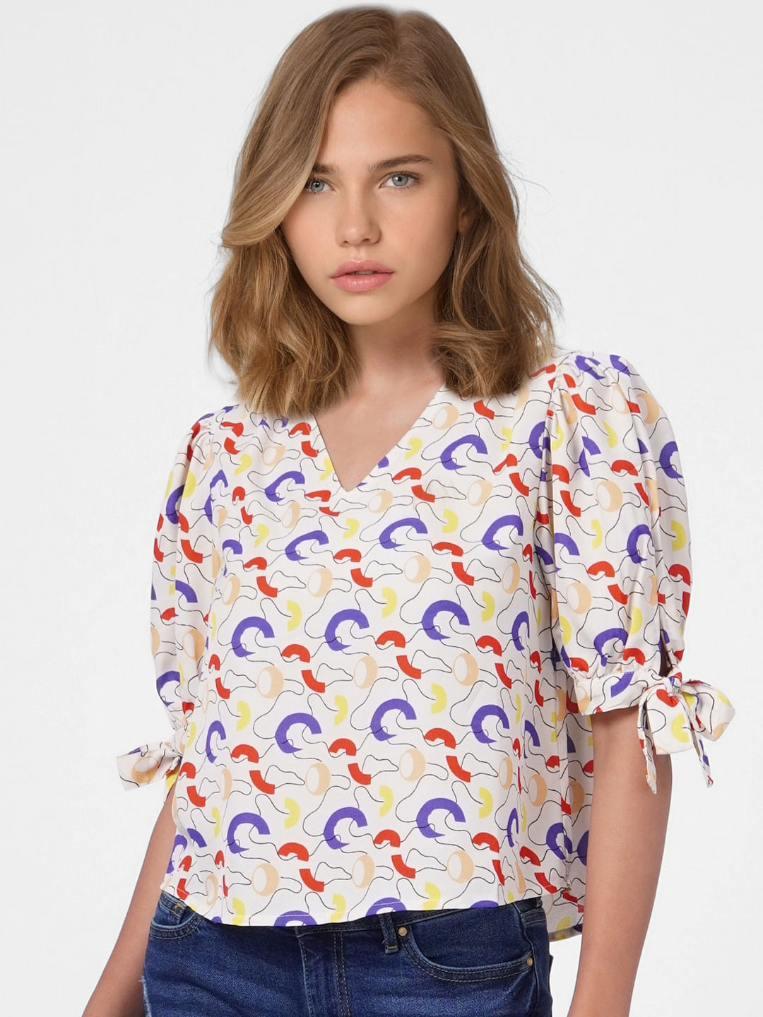 White Abstract Print Top