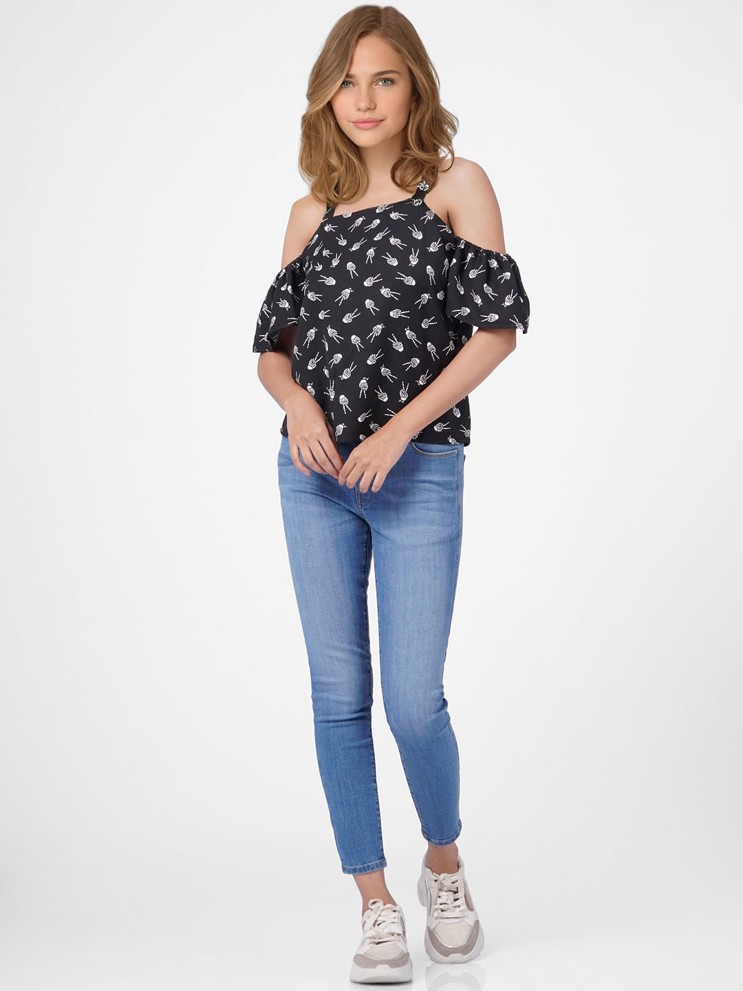 Black Printed Cold Shoulder Top