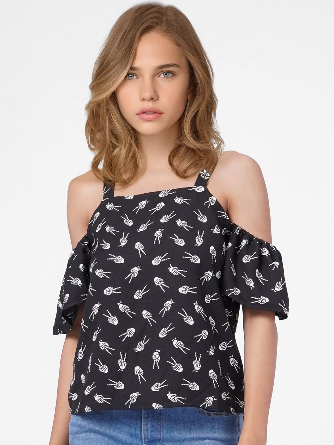 Black Printed Cold Shoulder Top
