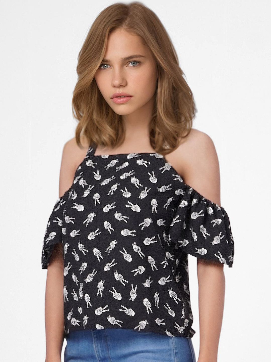 Black Printed Cold Shoulder Top