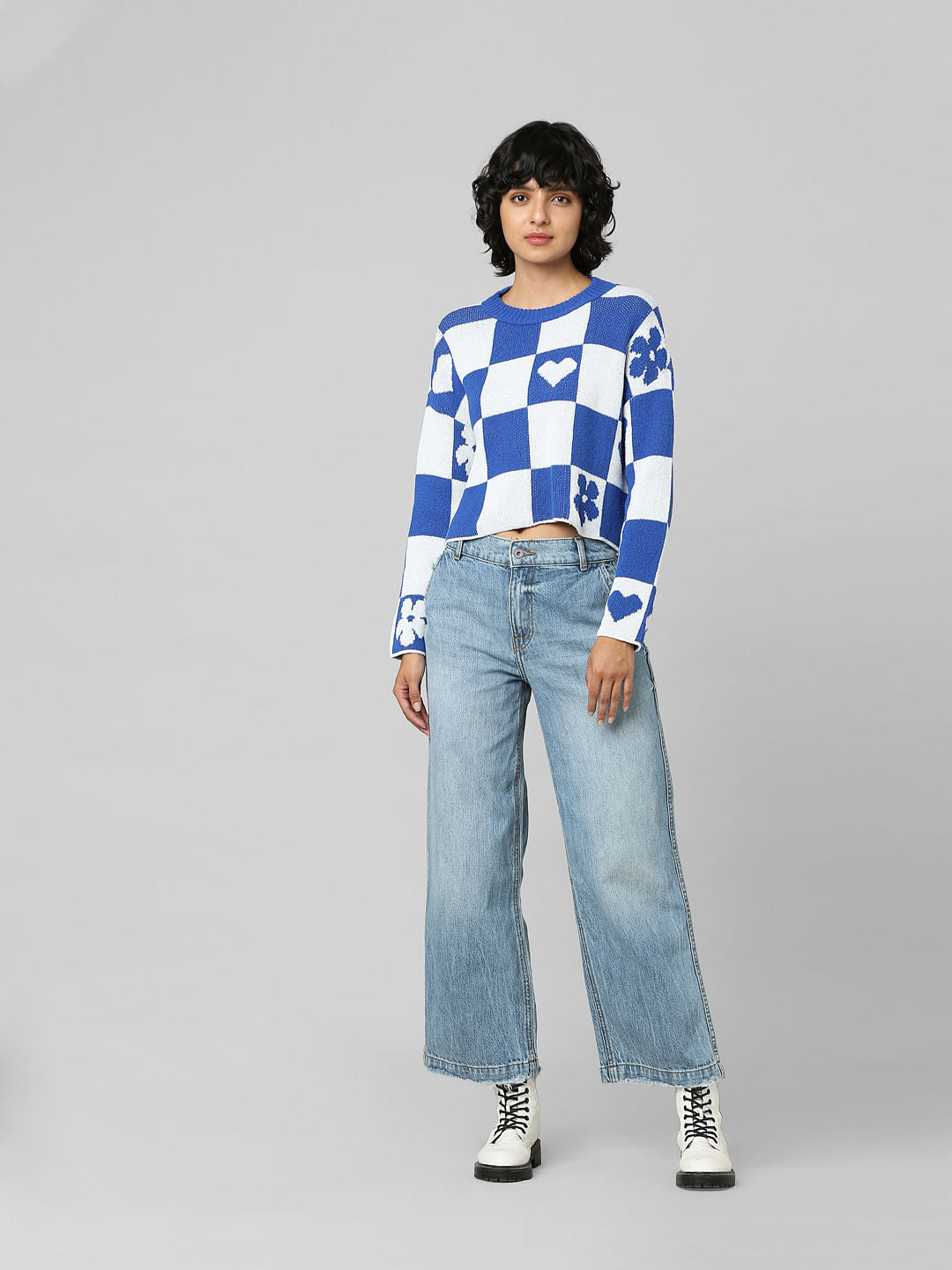 White Colourblocked Jacquard Pullover