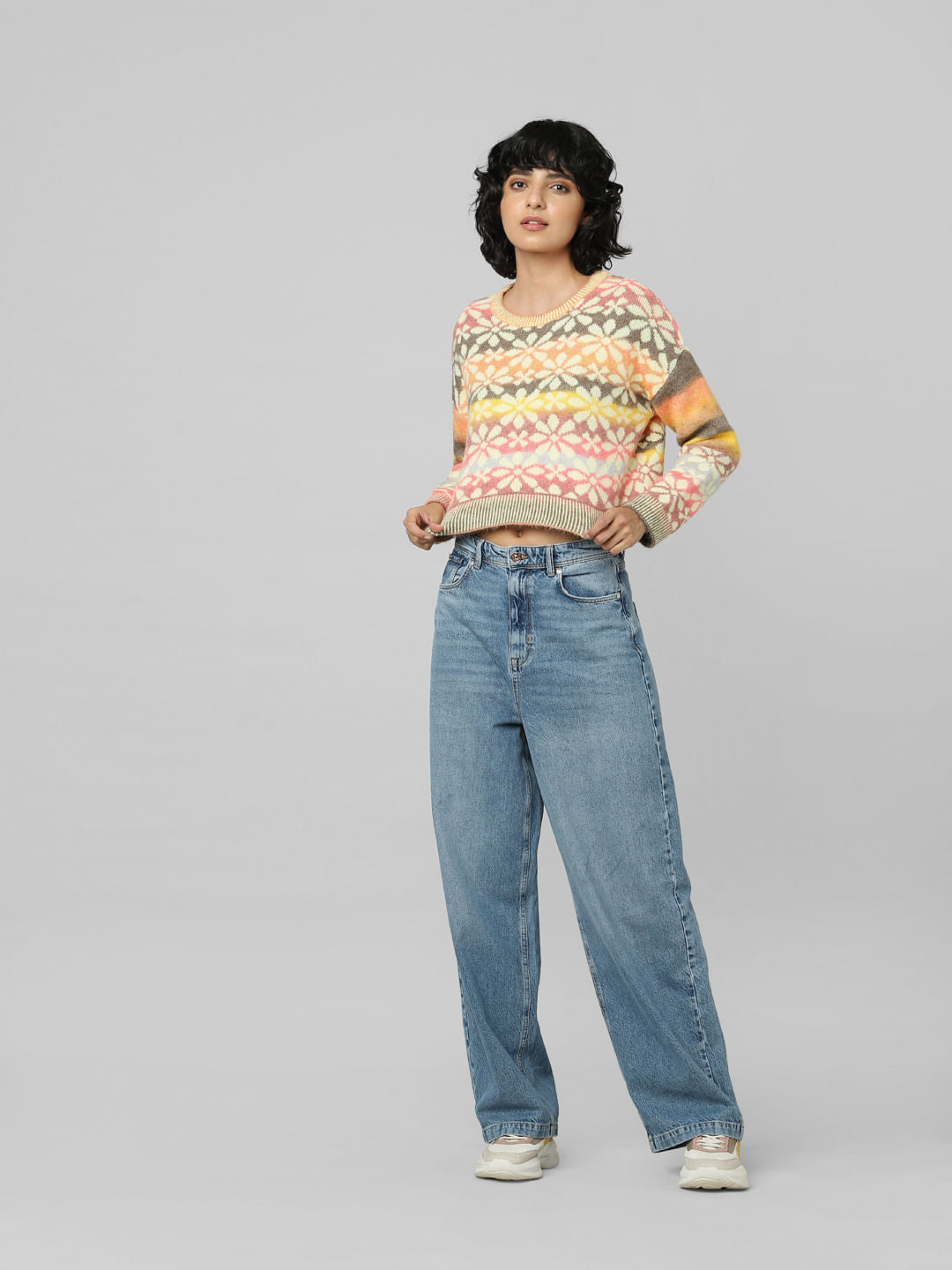 Pink Floral Jacquard Knit Pullover