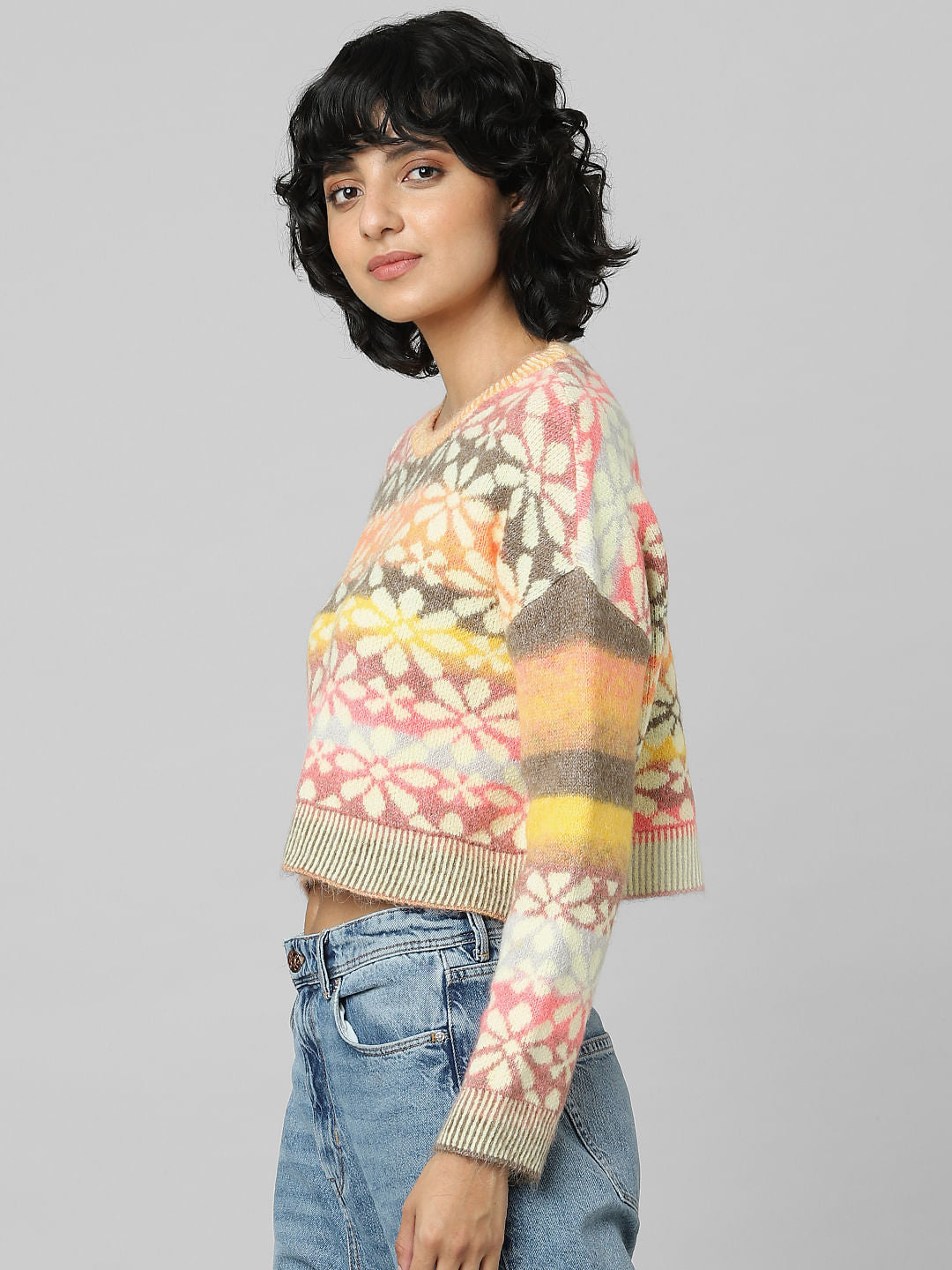 Pink Floral Jacquard Knit Pullover