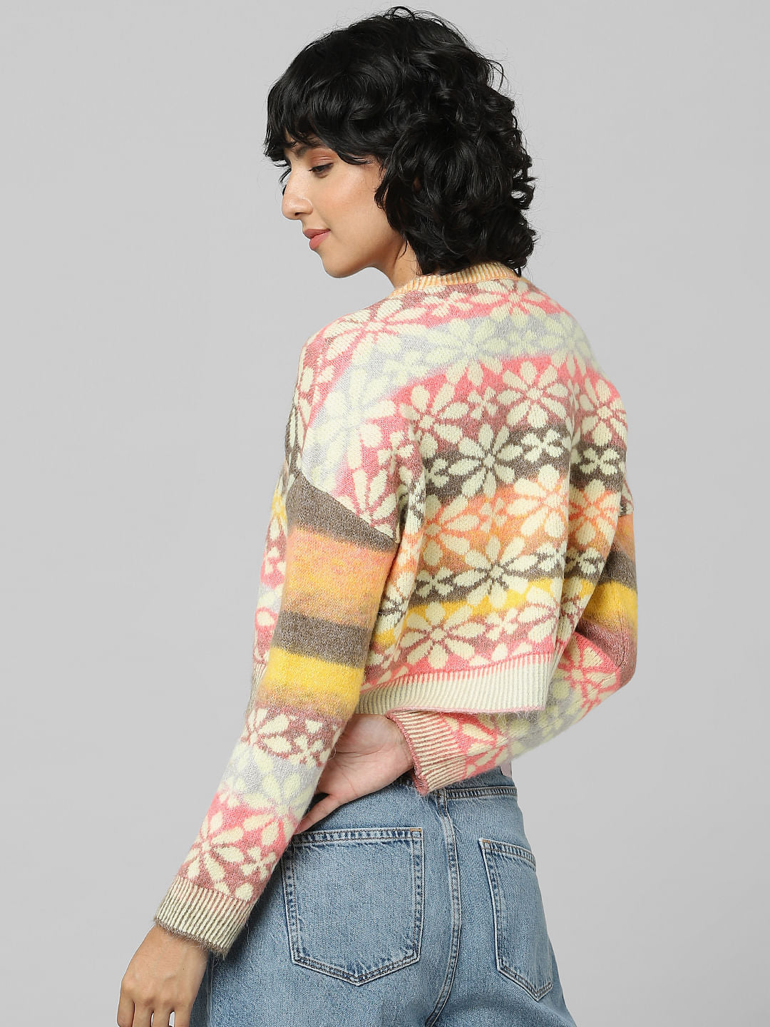 Pink Floral Jacquard Knit Pullover