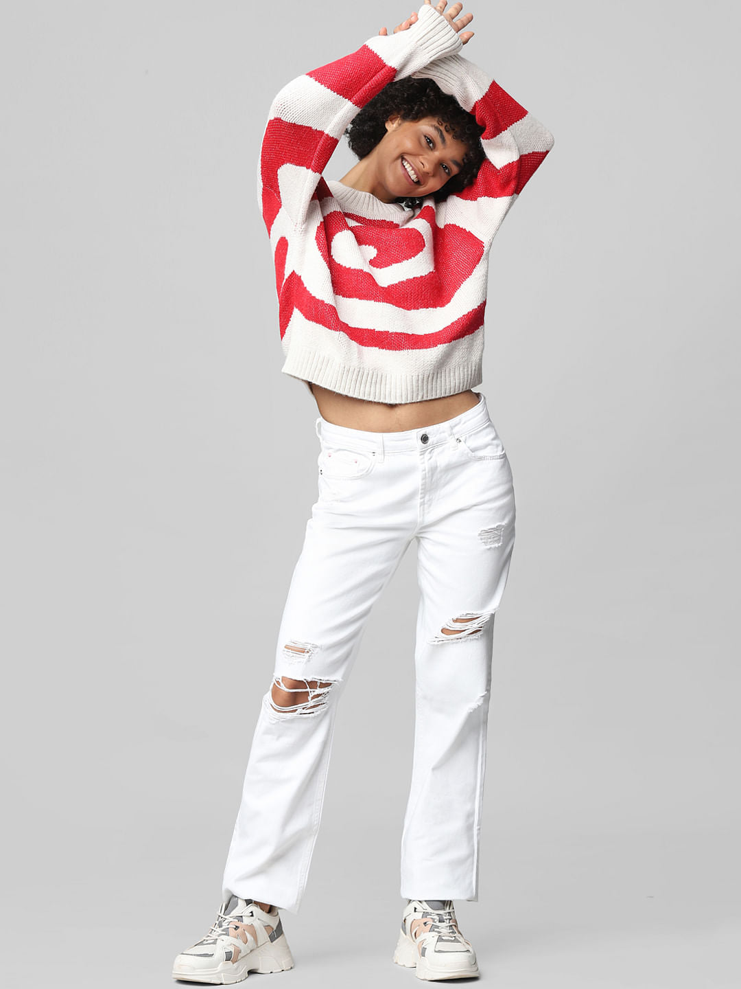 Beige Abstract Print Jacquard-Knit Pullover