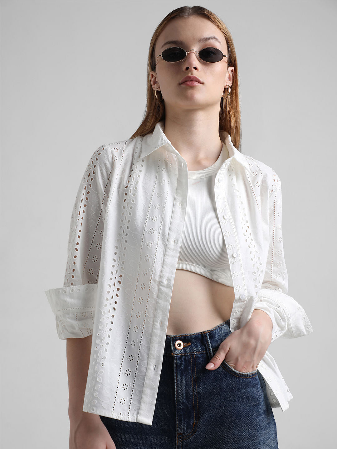 White Schiffli Detail Shirt