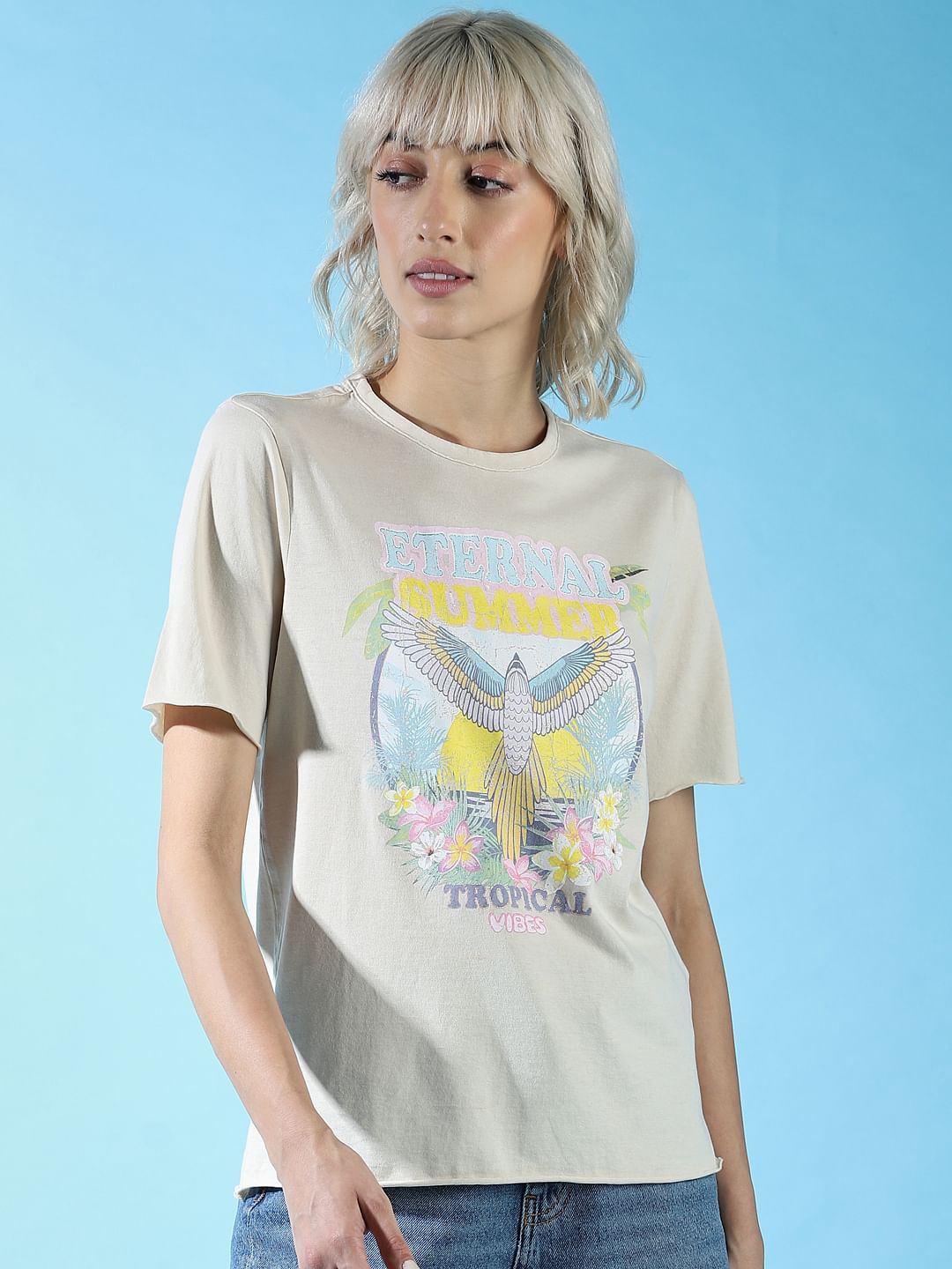 Beige Printed Washed T-Shirt