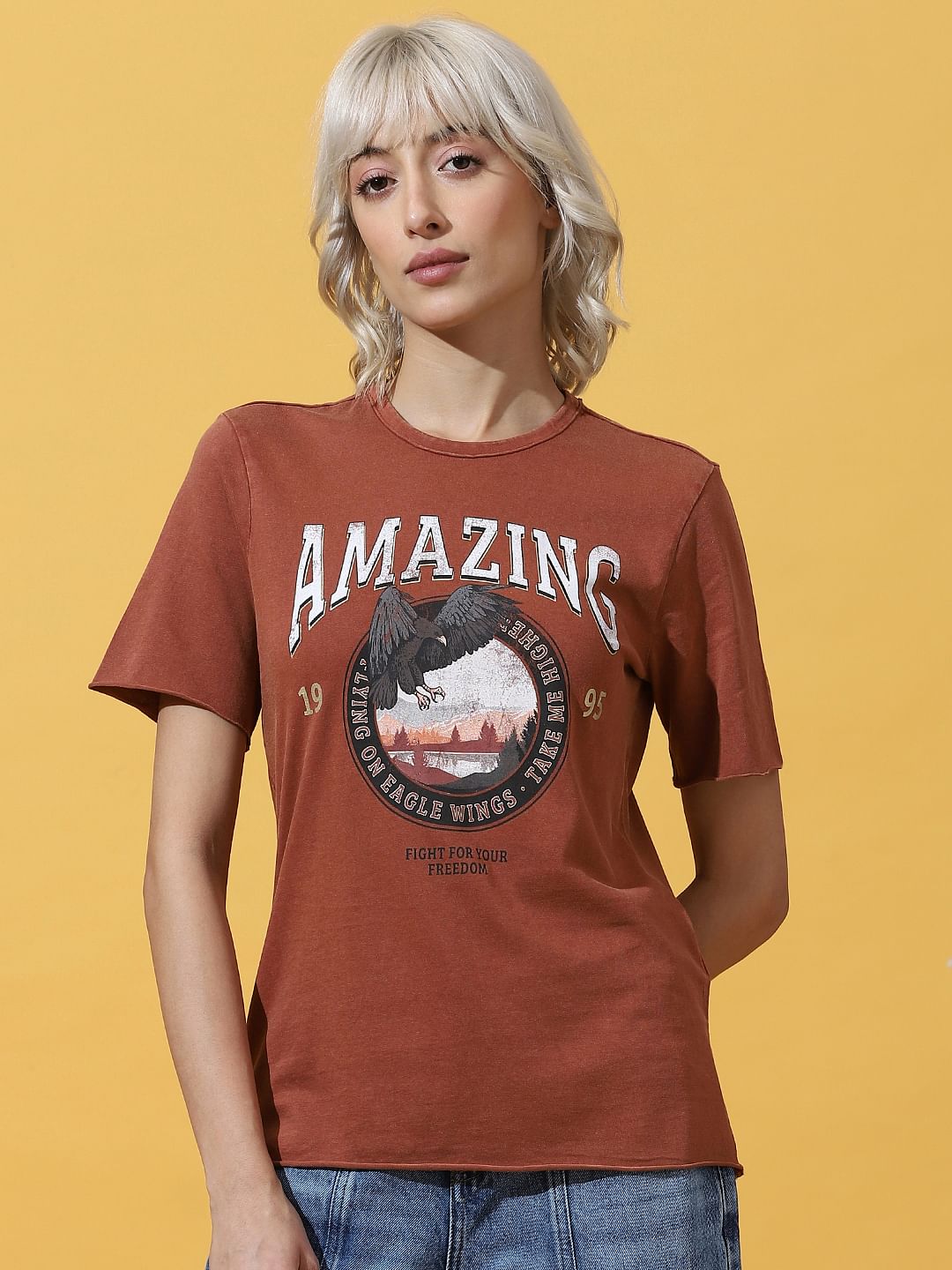 Brown Printed Washed T-Shirt