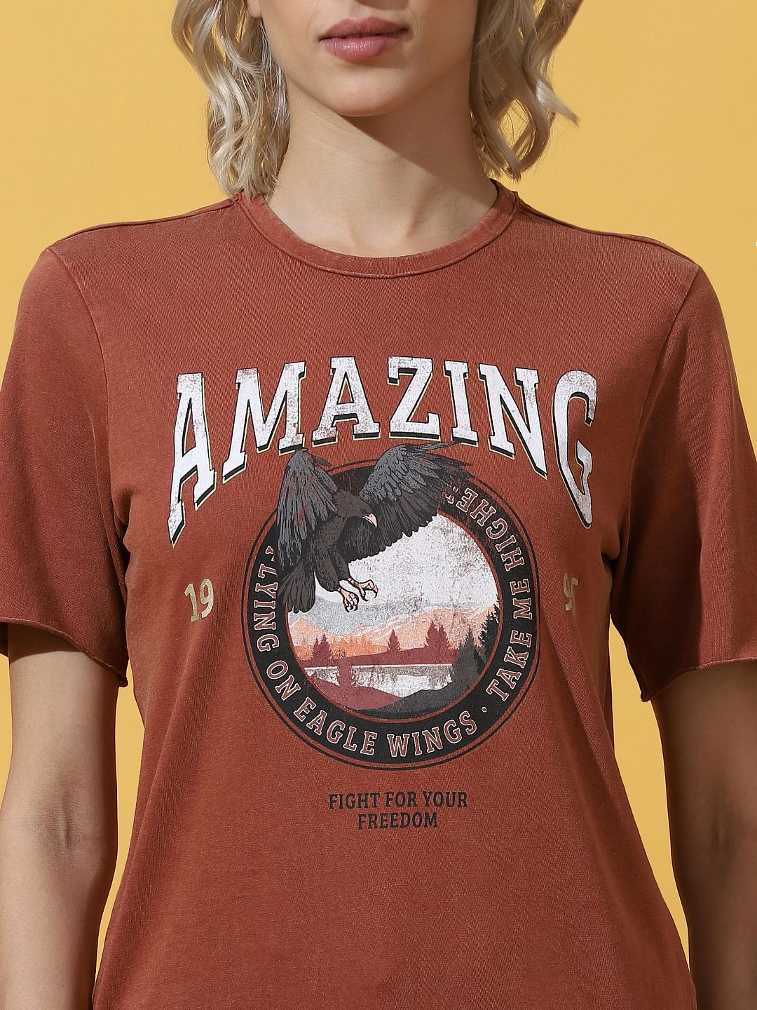 Brown Printed Washed T-Shirt