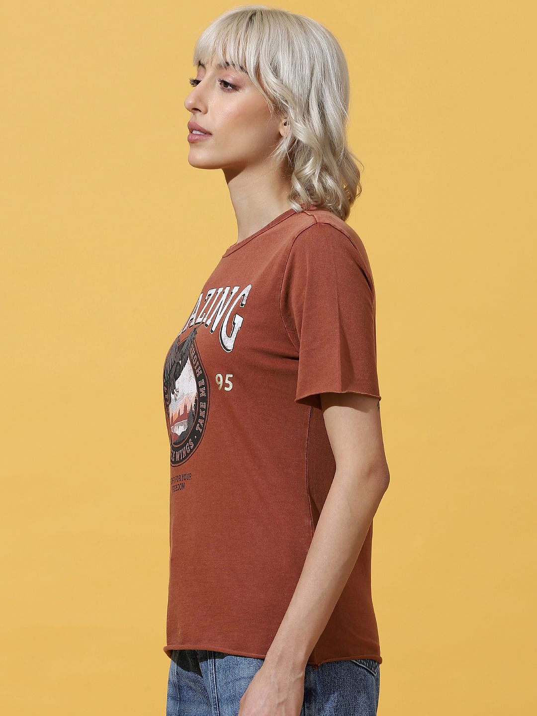 Brown Printed Washed T-Shirt