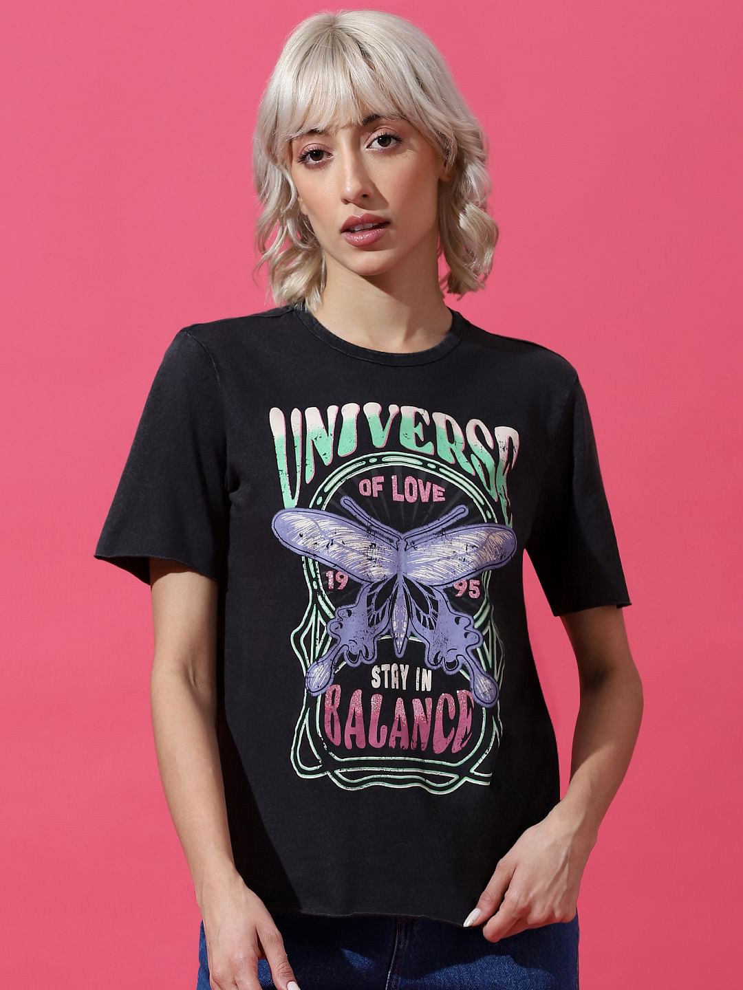 Black Printed Washed T-Shirt