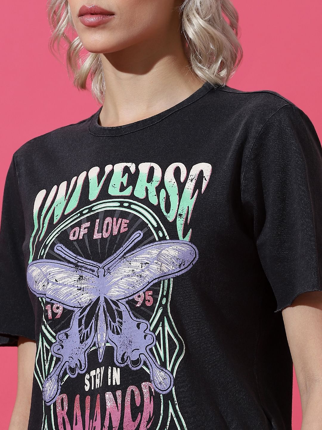 Black Printed Washed T-Shirt