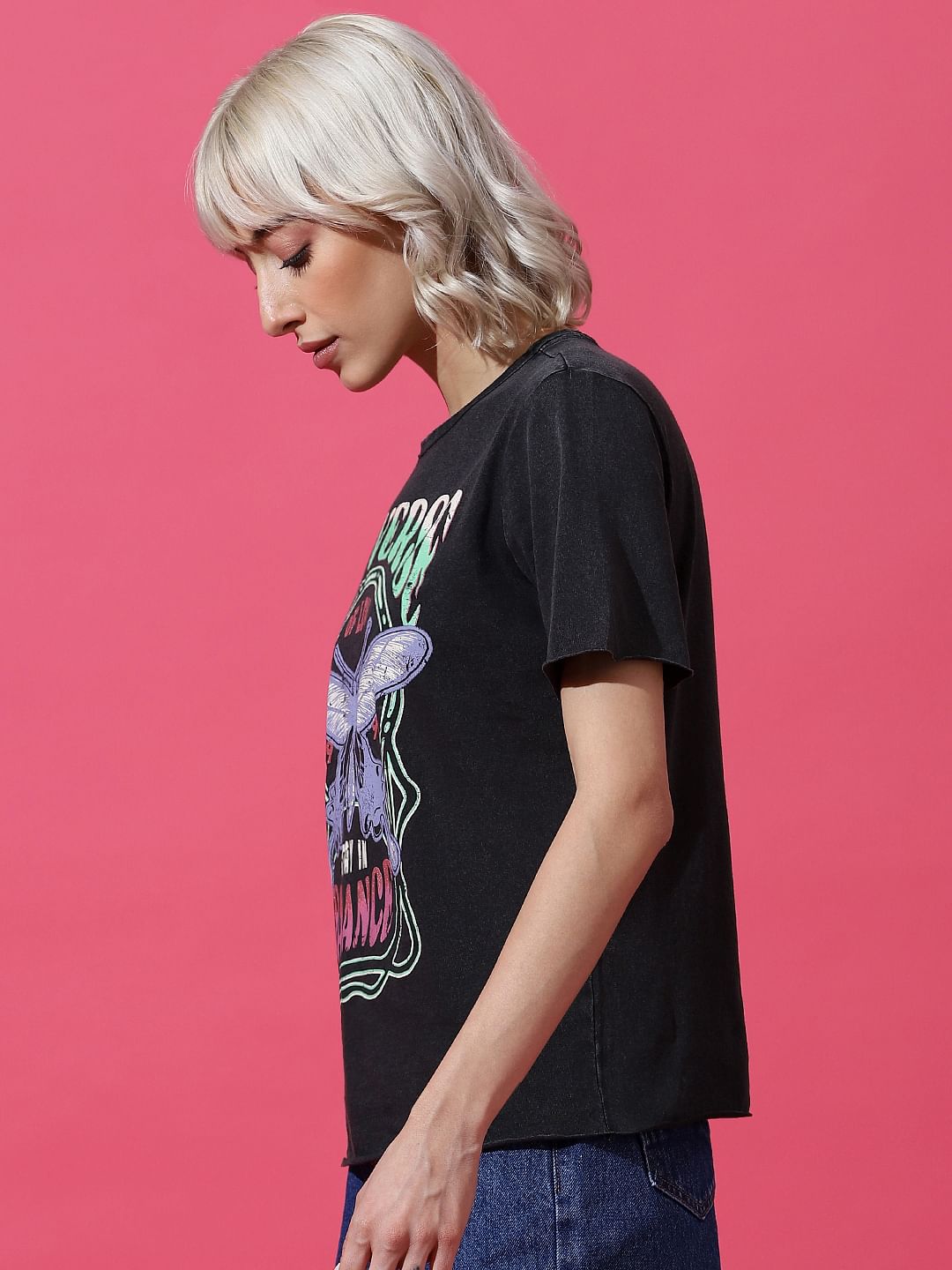Black Printed Washed T-Shirt