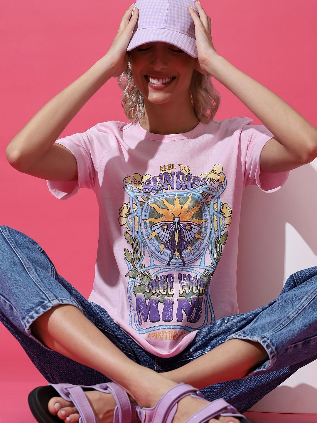 Pink Printed Washed T-Shirt