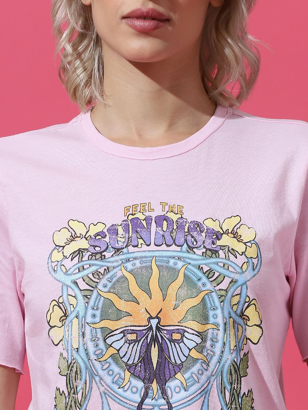 Pink Printed Washed T-Shirt