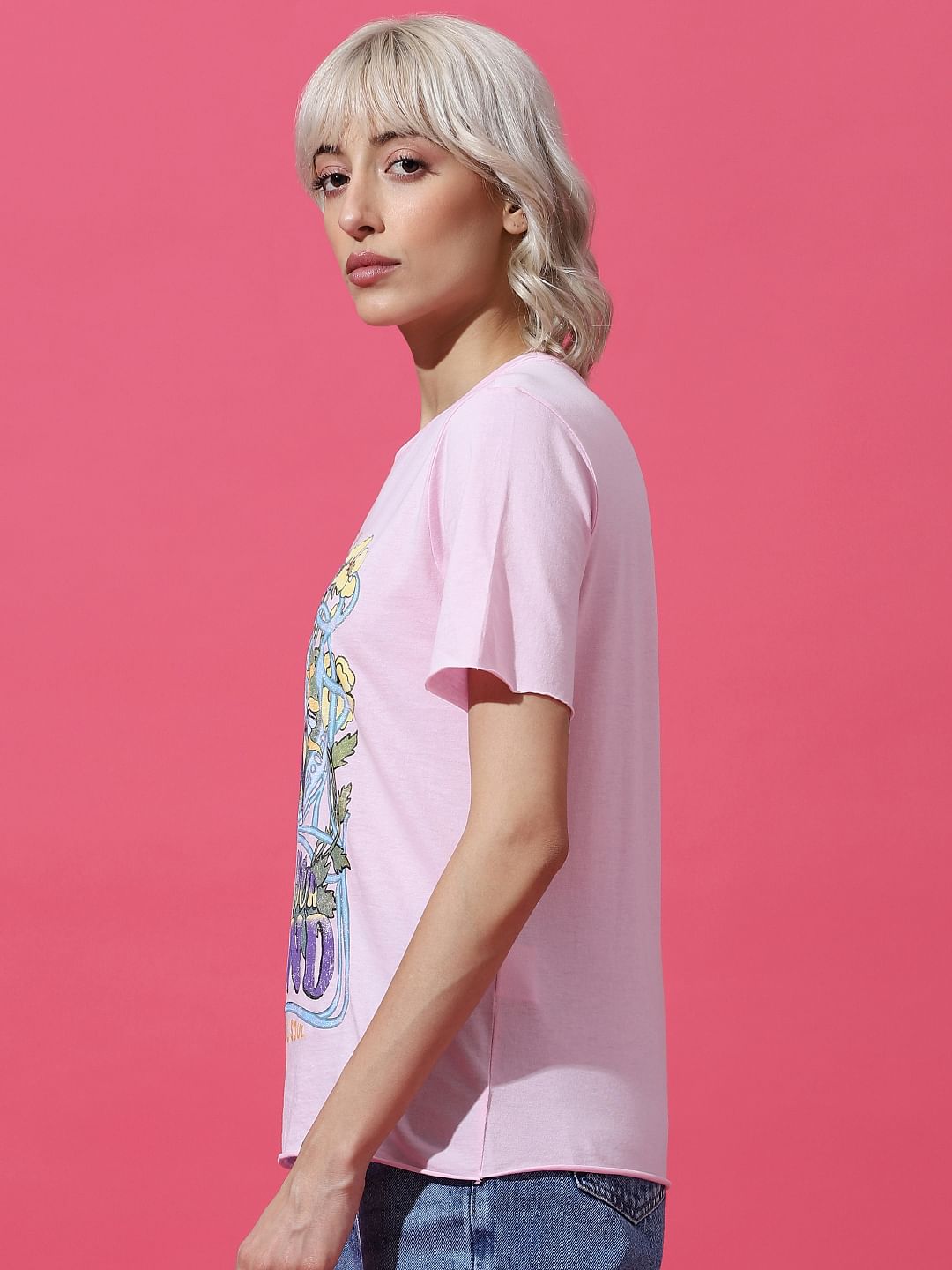 Pink Printed Washed T-Shirt