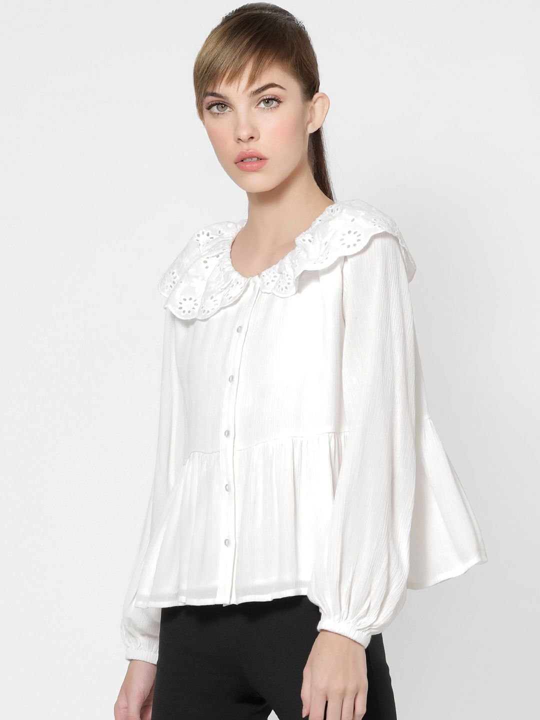 White Schiffli Collared Shirt