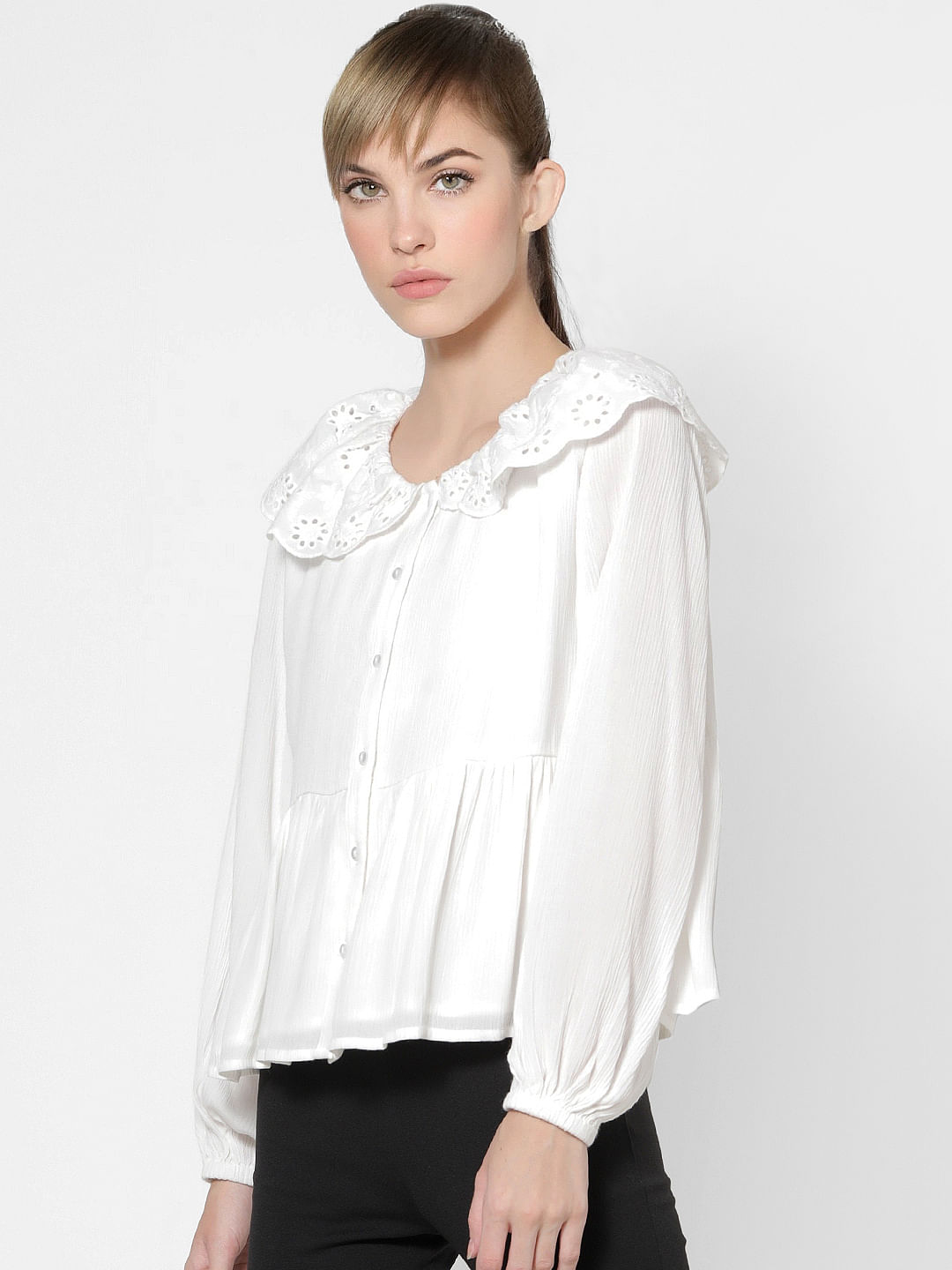 White Schiffli Collared Shirt