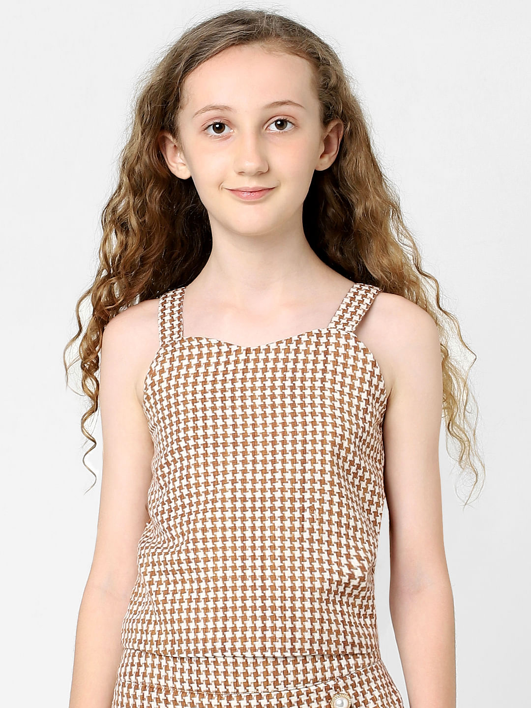 Girls White Check Print Co-Ord Top