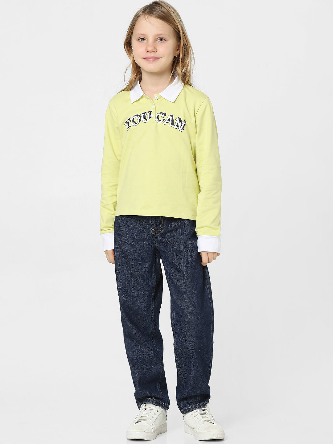 Girls Green Printed Polo Neck T-Shirt