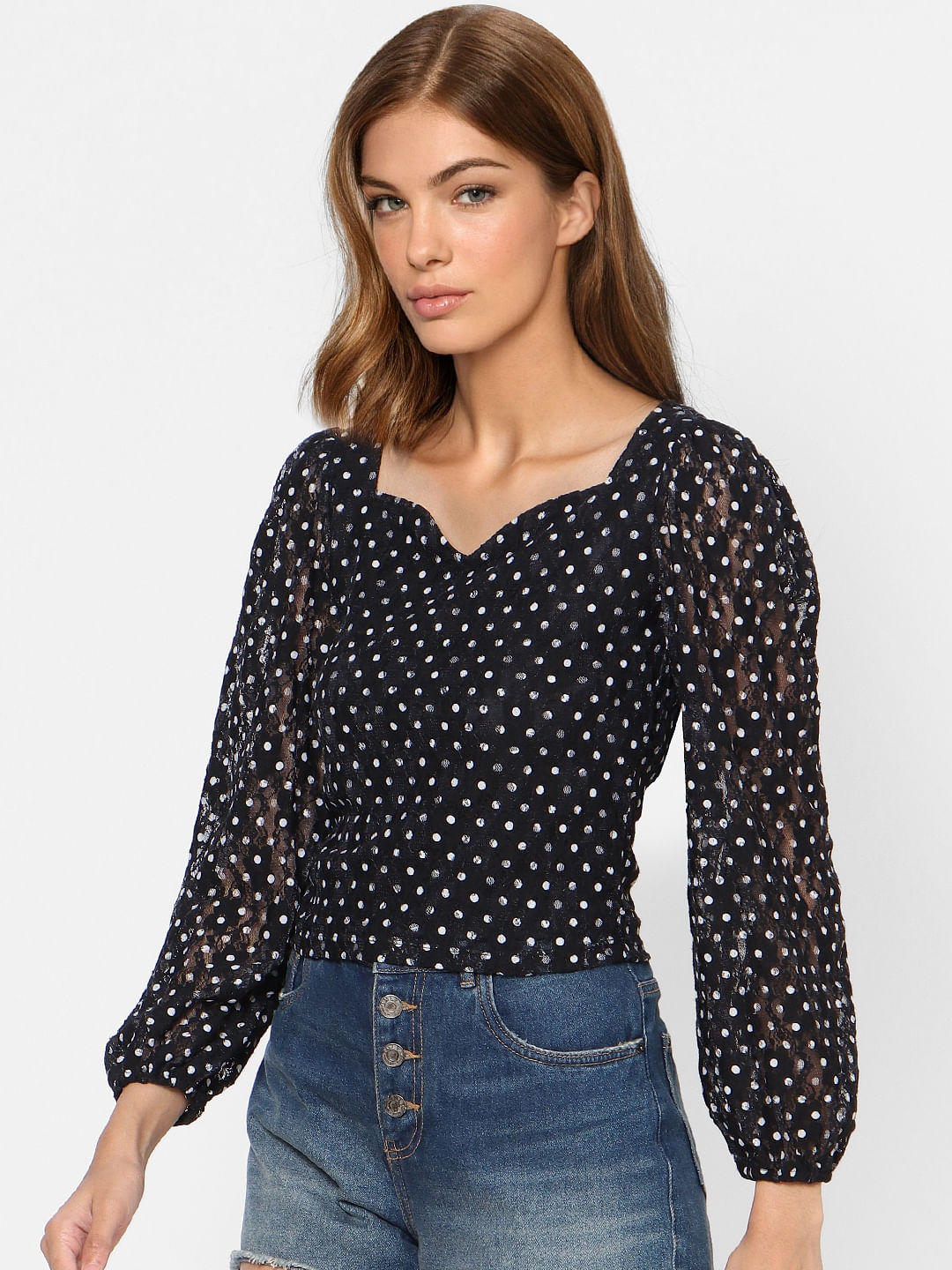 Black Dotted Sweetheart Neck Top