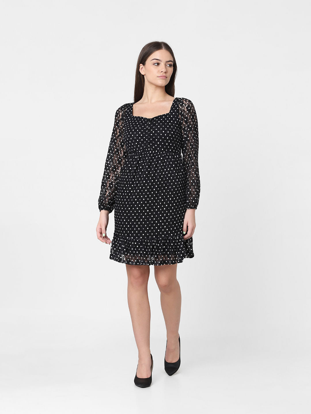 Black Dotted Fit & Flare Lace Dress