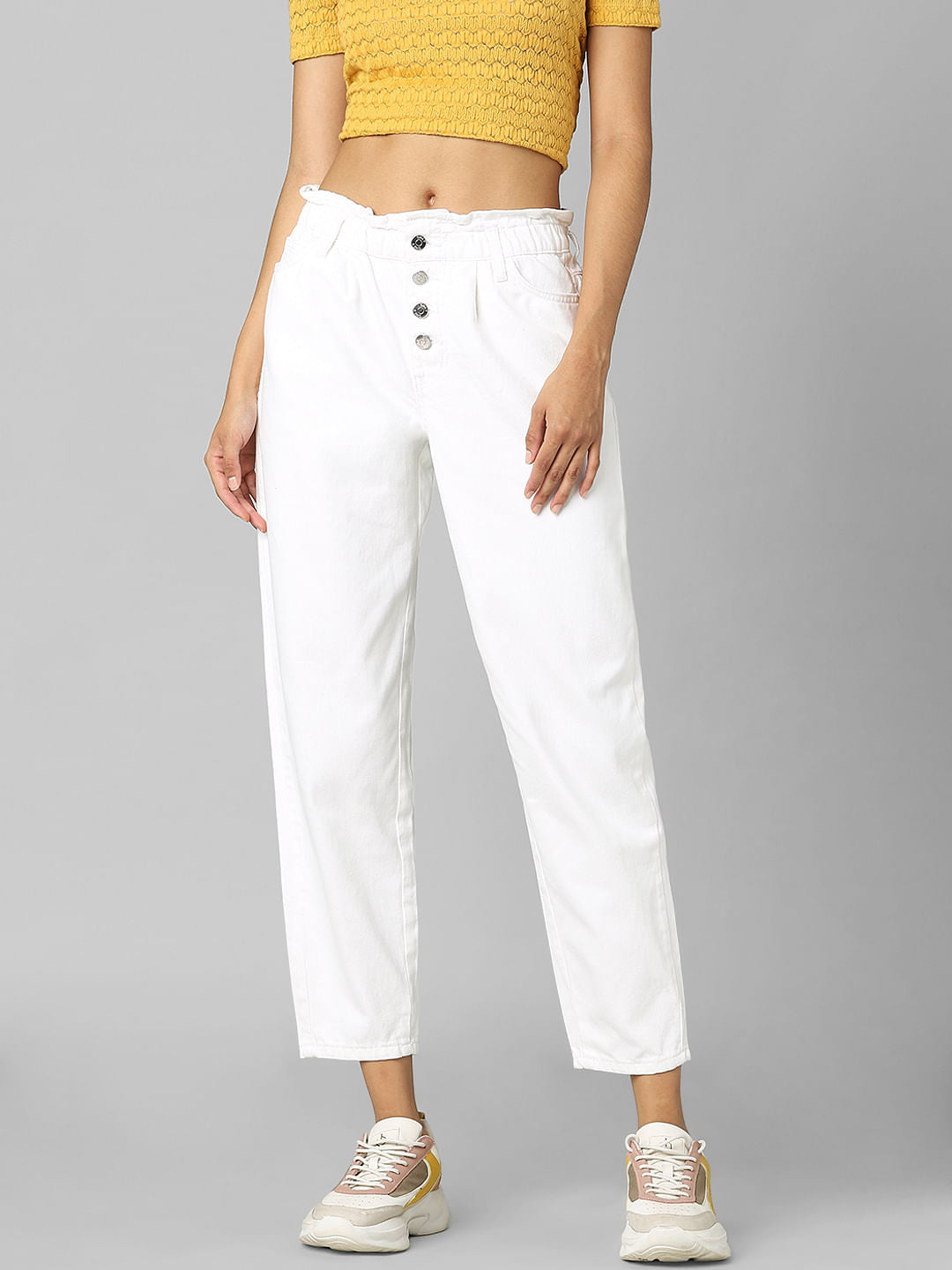 White High Rise Paperbag Baggy Jeans