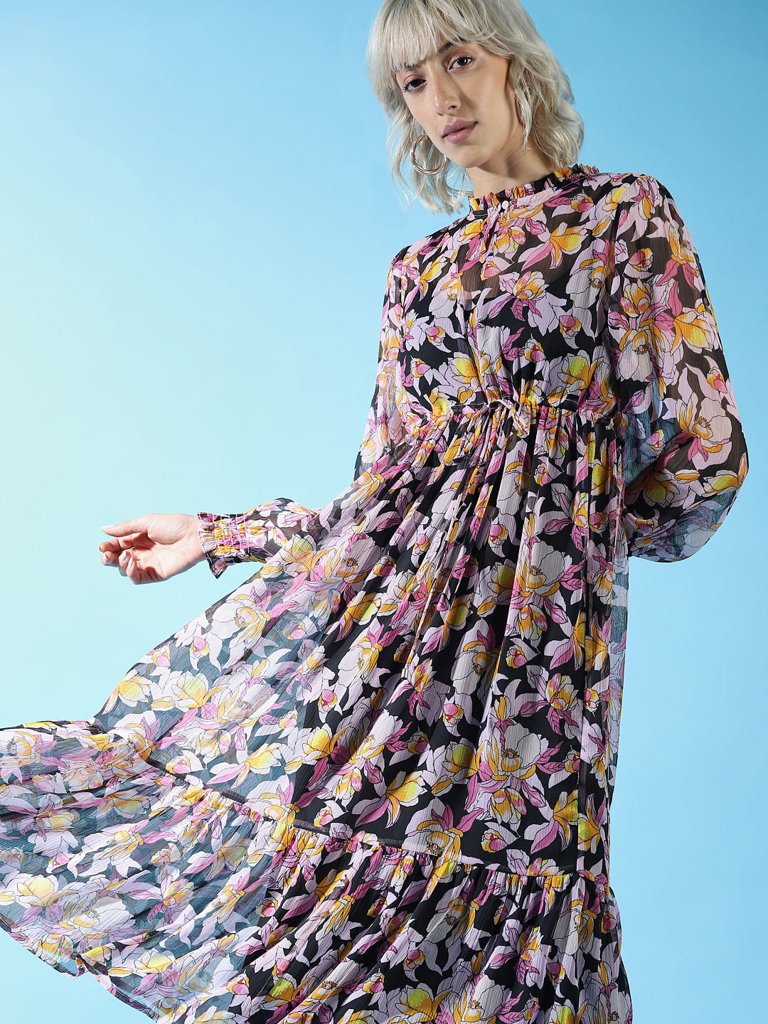 Black Floral Printed Midi Dress