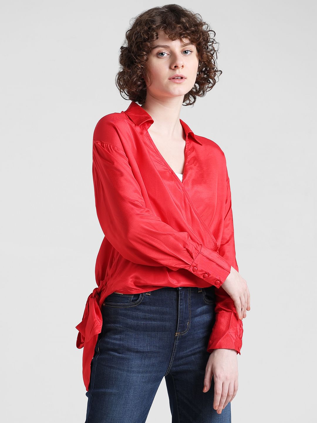 Red Satin Wrap Top