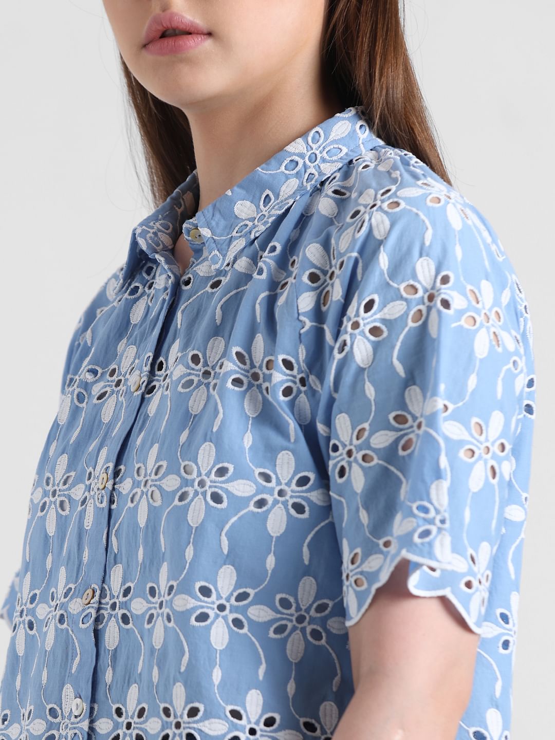 Blue Cut-Work Embroidery Shirt