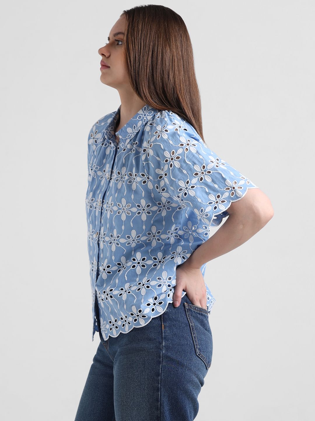 Blue Cut-Work Embroidery Shirt