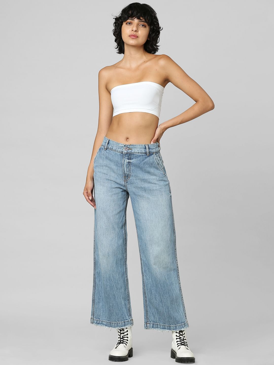 Unique Light Blue Mid Rise Wide Leg Jeans