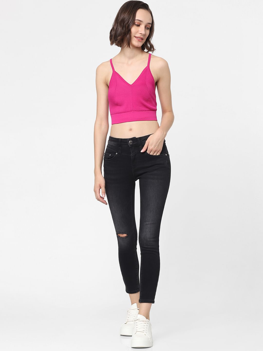 Black Mid Rise Ankle Slit Skinny Jeans