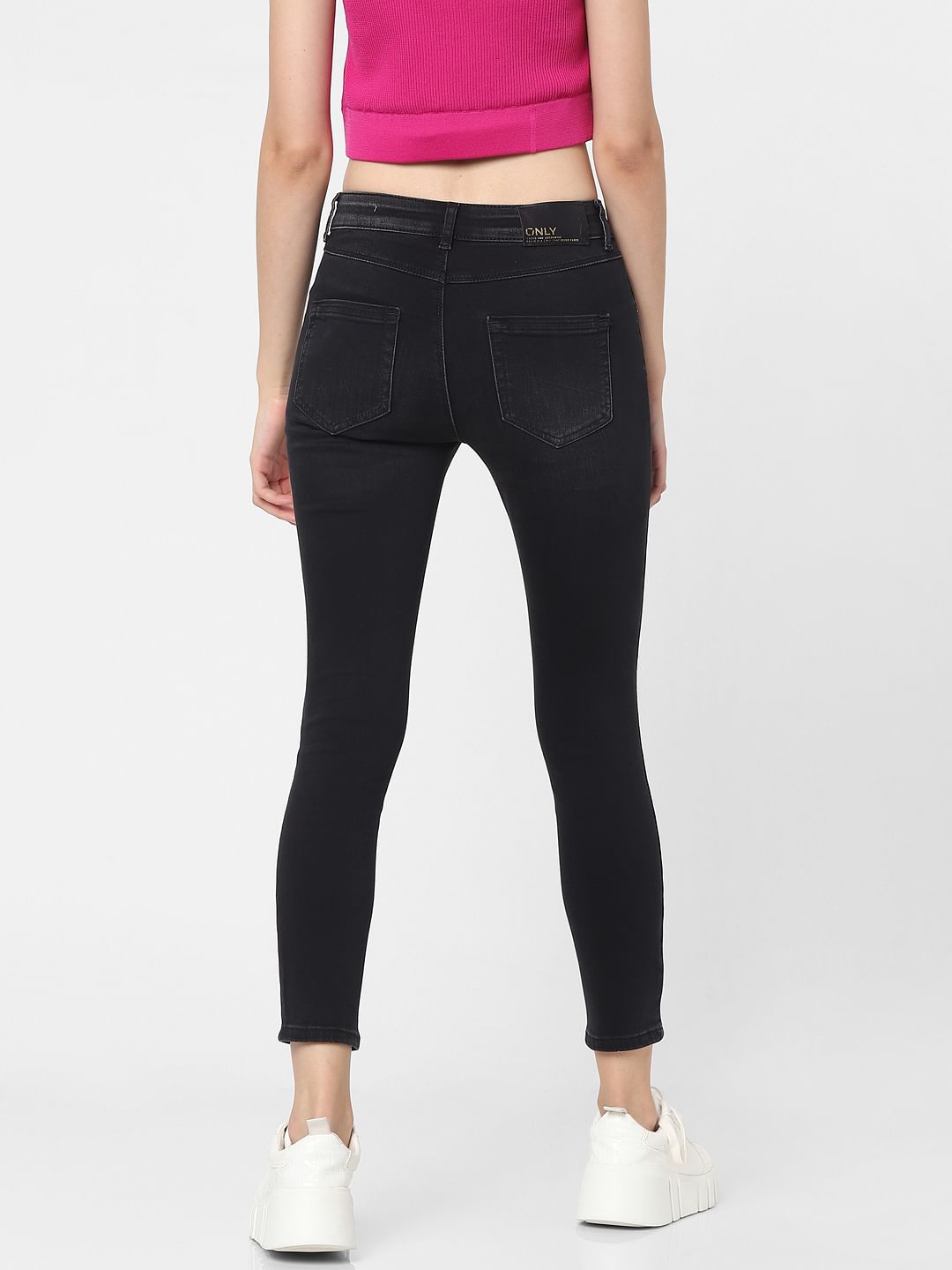 Black Mid Rise Ankle Slit Skinny Jeans