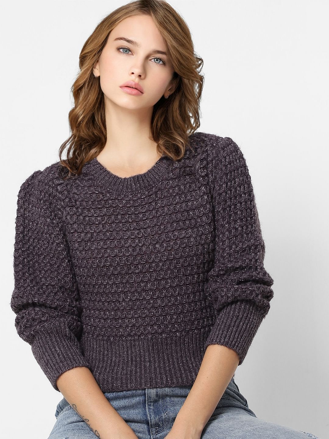 Purple Cropped Knit Pullover