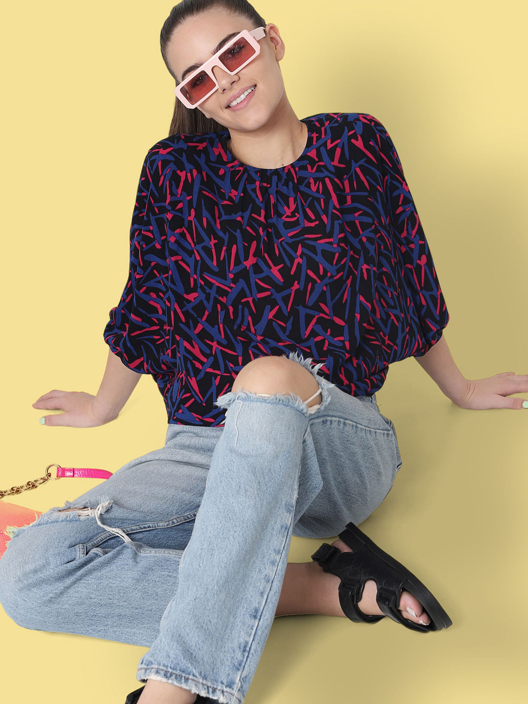 Black Abstract Print Top