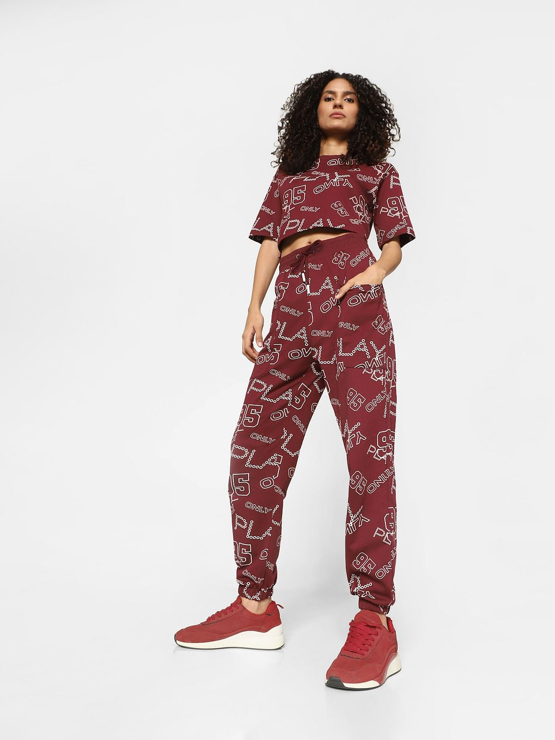 Maroon Mid Rise All Over Print Co-Ord Joggers