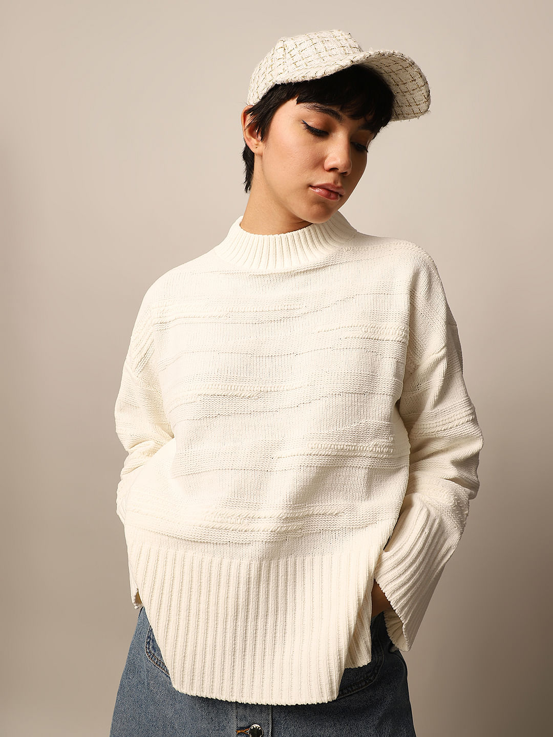 White Structured Loose Fit Pullover