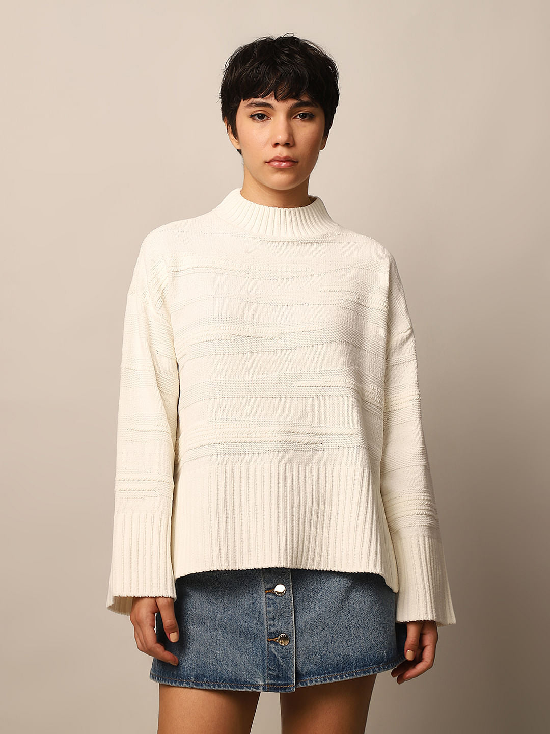 White Structured Loose Fit Pullover