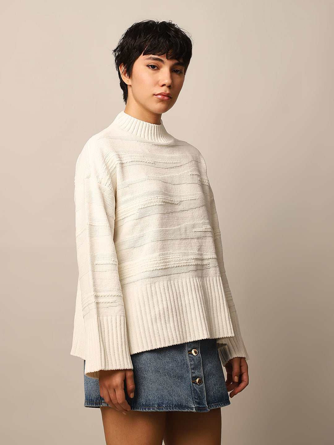 White Structured Loose Fit Pullover